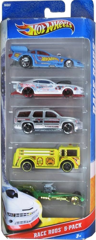Ett Hot Wheels 5-pack med "Race Rods" leksaksbilar i en genomskinlig förpackning.