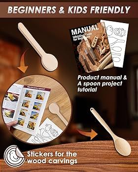 Träsnideriset för nybörjare med skedämnen, manual och klistermärken för barn.