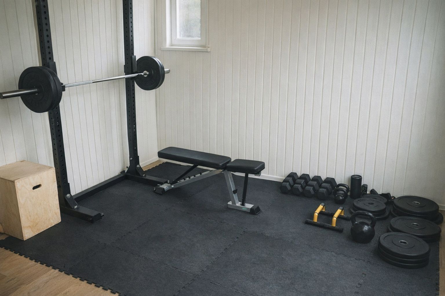 Ett hemmagym med en skivstång, bänk, hantlar och viktskivor på svart gummimatta.