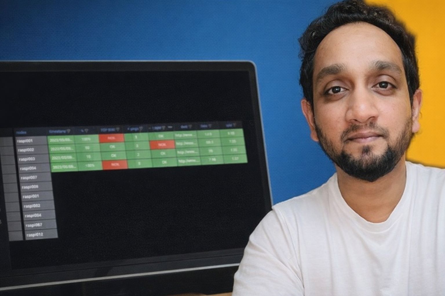Man framför en datorskärm som visar data om Raspberry Pis, troligen för en hobbyprojekt.