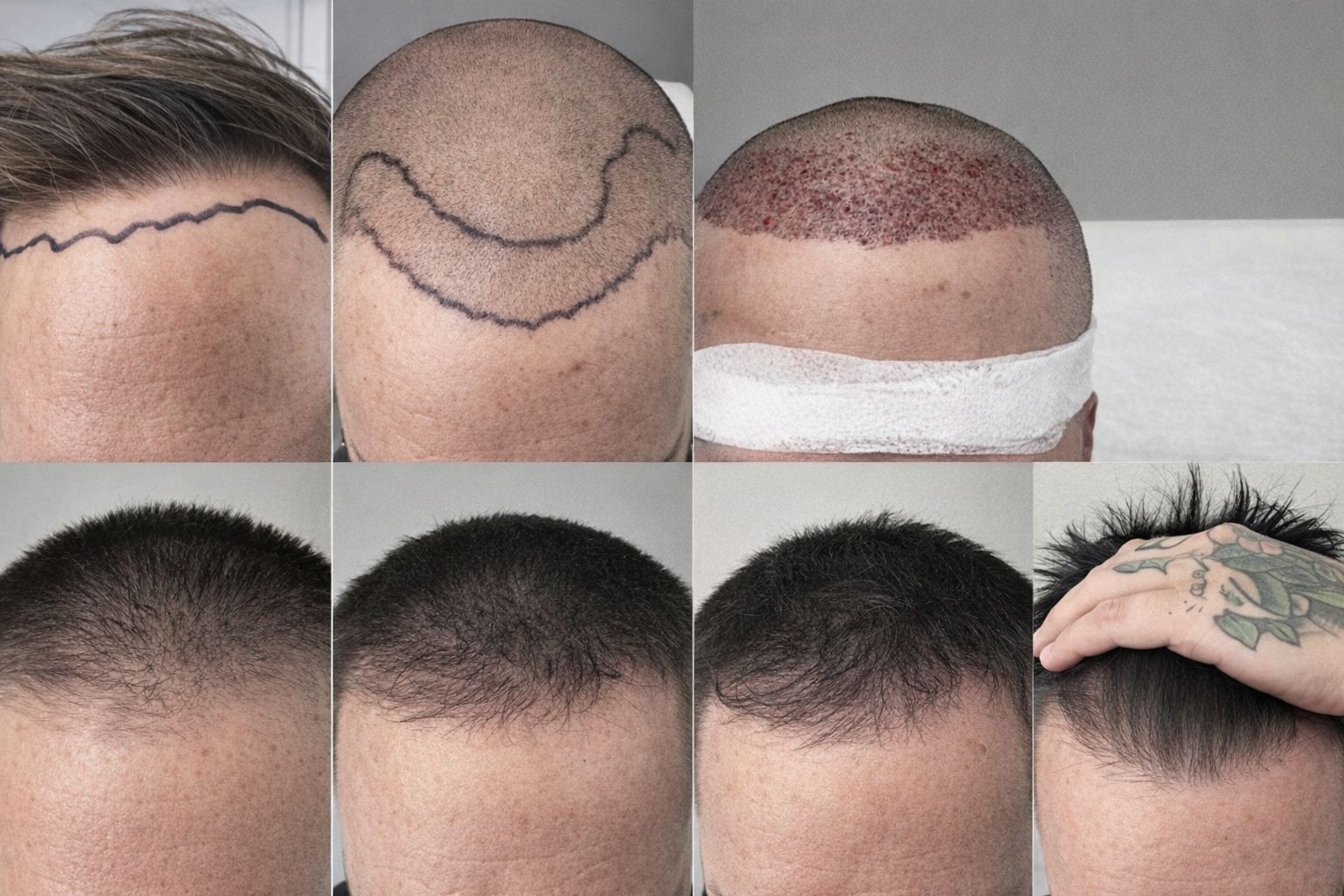 Före- och efterbilder av en hårtransplantation med FUE-metoden hos en man.