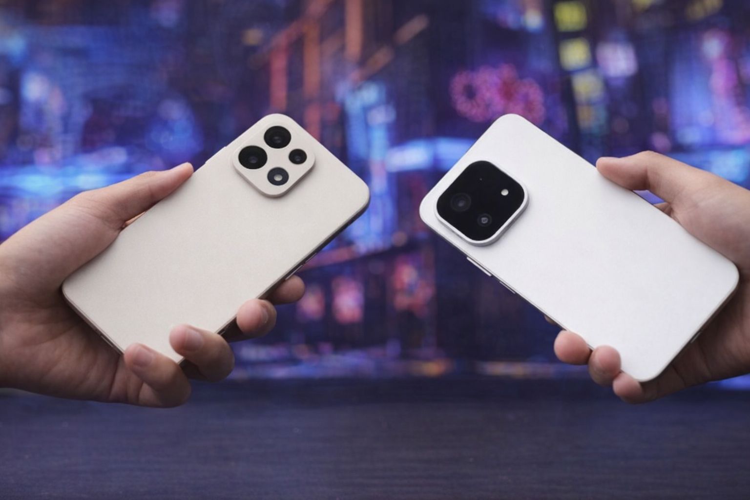 Händer som håller två moderna smartphones mot en suddig stadsbakgrund.